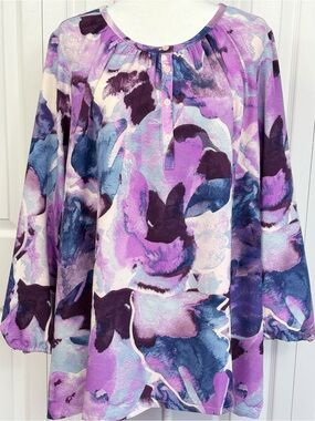 Denim & Co. Purple Multi Abstract Print Puff Sleeve Popover Blouse Top 5X